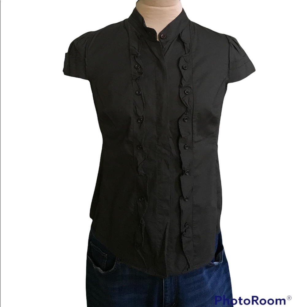Anthropologie Odille green-brown ruffle button-up cap sleeve top Size 4